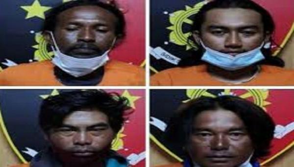 pelaku pelecehan seksual Empat nelayan yang memalak dan melecehkan korban yang tengah berteduh di sebuah kafe di Jimbaran, Badung, Bali, diamankan di Mapolsek Kuta. (Foto: Istimewa)