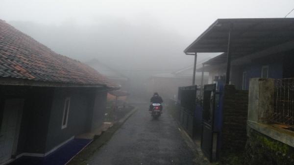 DUSUN JOTANG2.JPG Pengendara motor menembus kabut tebal yang menyelimuti Dusun Jotang, Desa Jagamulya, Kecamatan Malausma, Kabupaten Majalengka. (Foto: Inin Nastain)