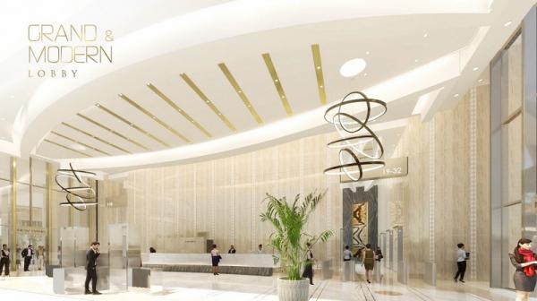 Podomoro 2 Lobby Premium Office Tower dengan ceiling yang tinggi terlihat megah dan modern yang didesain oleh DYXY, Los Angeles, California, USA.