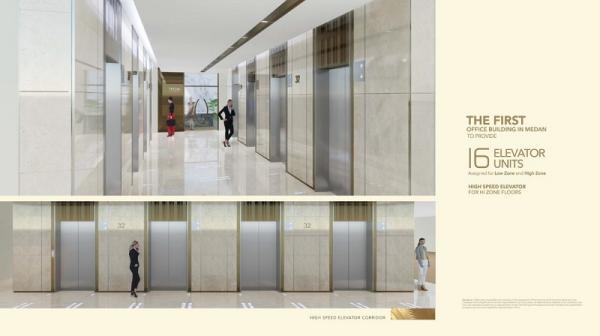 Podomoro 4 Elevator terbanyak di kota Medan dalam satu gedung perkantoran untuk mempercepat mobilitas stakeholder premium office space.