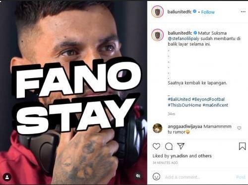 Fano Bali United mengabarkan bertahannya Stefano Lilipaly melalui instagram. (Foto: Instagram @BaliUnitedFC)