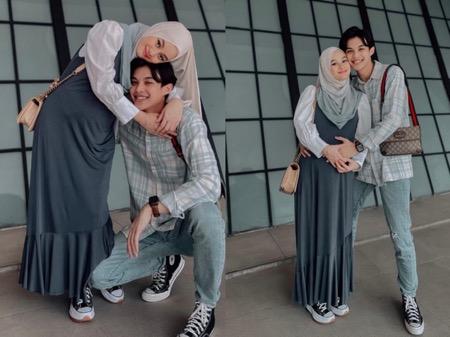 Pasangan Rey Mbayang dan Dinda Hauw dalam fashion kasual.