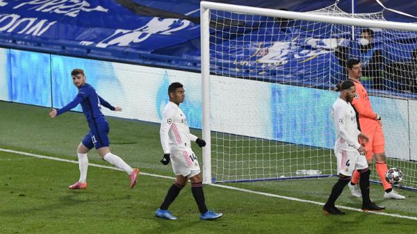 Chelsea Vs Real Madrid Striker Chelsea Timo Werner merayakan gol ke gawang Real Madrid pada leg kedua semifinal Liga Champions di Stamford Bridge, Kamis (6/5/2021) dini hari WIB. (Foto: Reuters)