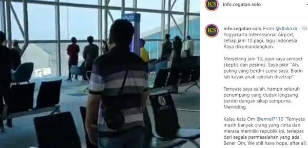 6 Video Viral Penumpang di Bandara YIA Kulonprogo berdiri begitu mendengar lagu Indonesia Raya tiap jam 10 pagi. (Foto: Instagram)