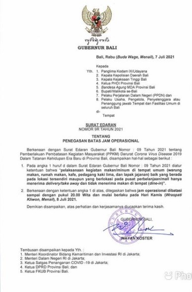 Se Gub Bali Surat Edaran (SE) Gubernur Bali Nomor 9R Tahun 2021.