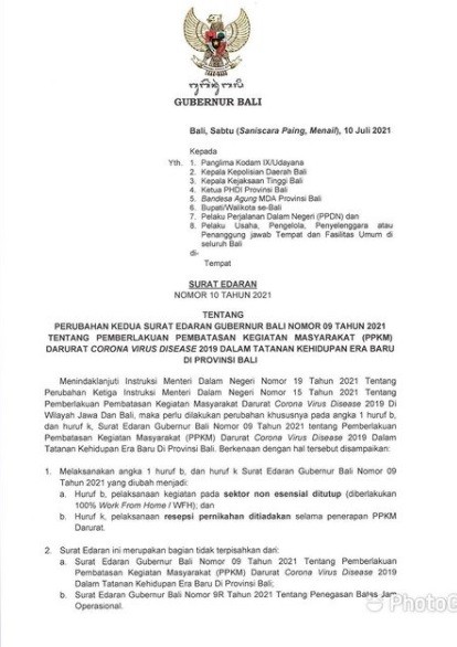 Se Gub Bali Nomor 10 2021 Surat Edaran (SE) Gubernur Bali Nomor 10 Tahun 2021 tentang tentang Perubahan Kedua Pemberlakukan PPKM Darurat Covid-19 dalam Tatanan Kehidupan Era Baru di Provinsi Bali.