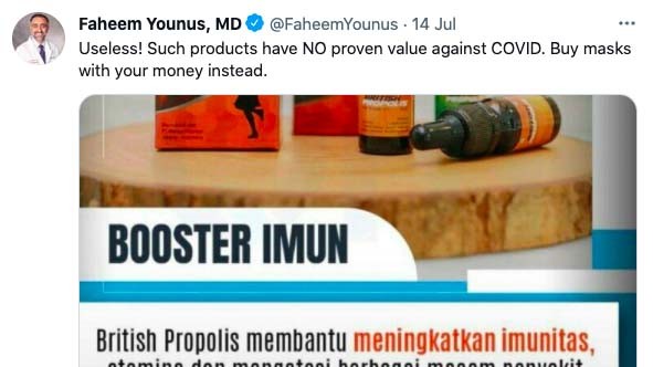 15 Faheem Younus Dokter Faheem Younus mendapat kritik keras gara-gara mengunggah kalimat lebih baik membeli masker daripada vitamin di Twitter. (Foto: Twitter)