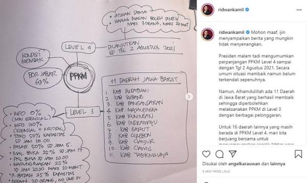 Tangkapan layar coretan Gubernur Jabar soal mapping PPKM level 4 dan 3. (Foto: Instagram)