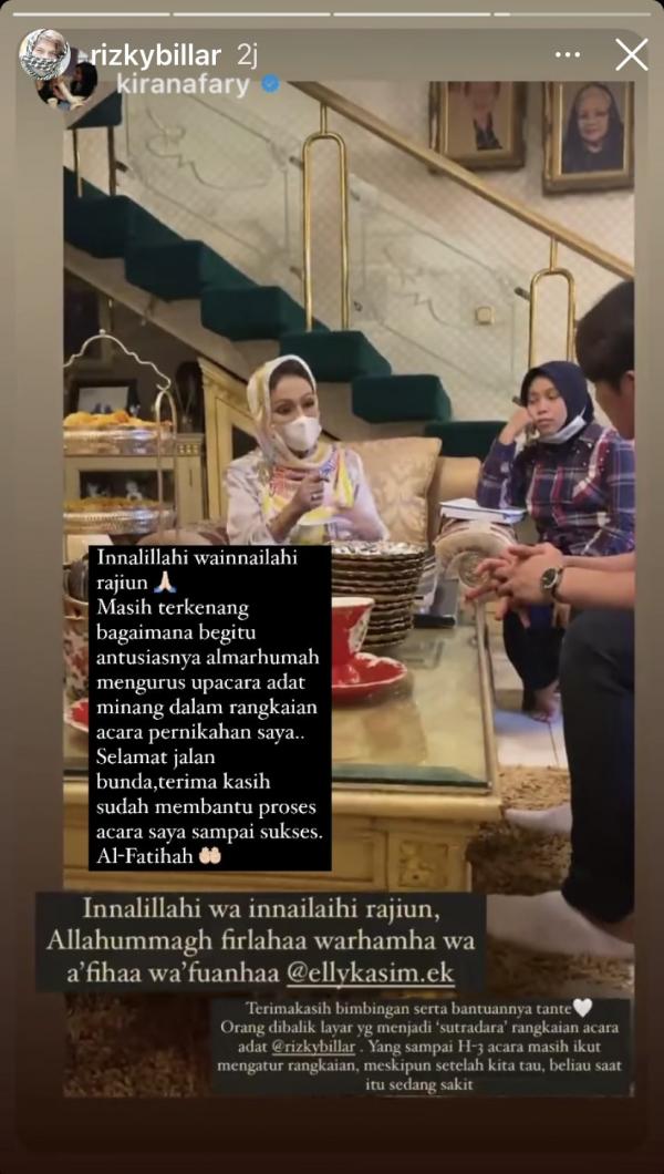 Rizky Billar mengucapkan ungkapan duka atas meninggalnya penyanyi legendaris Elly Kasim.&nbsp;