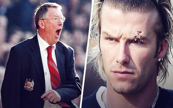 Sir Alex Ferguson pernah menendang sepatu yang kemudian melayang ke pelipis David Beckham. (Foto: Youtube/Oh My Goal)