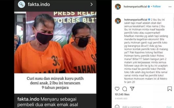 hotman paris dan pencuri susu Pengacara kondang Hotman Paris Hutapea siap mengganti rugi toko yang dicuri oleh dua ibu di Blitar, Jawa Timur. (Foto: Instagram @hotmanparisofficial)