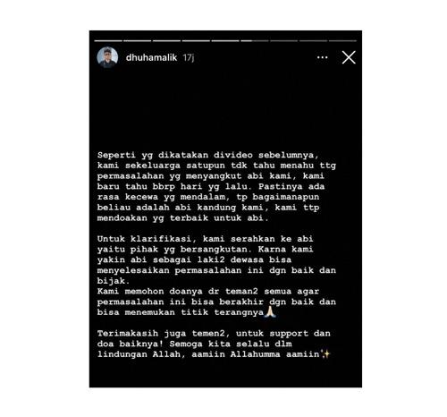 Insta Story Dhuha Malik terkait kasus ayahnya.