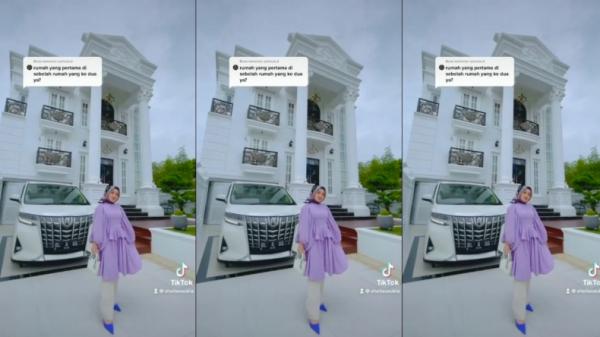 Wanita asal Banda Aceh Shella Saukia berdiri di depan rumah barunya bak istana (Instagram/shellasaukiaofficial)