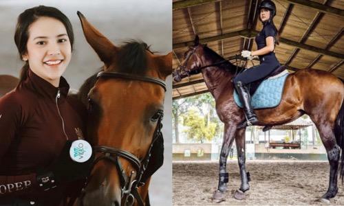 Anya Geraldine di atas kuda Anya Geraldine sedang berkuda.