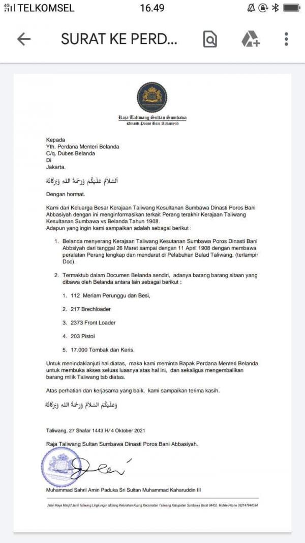  Warga Taliwang, Sumbawa Barat, Muhammad Syahril Amin bersurat ke pemerintah kerajaan Belanda terkait harta rampasan perang pada 1908