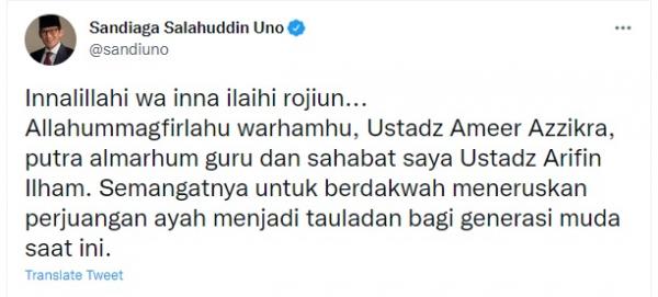 Sandiaga Ameer Azzikra Menparekraf Sandiaga Uno berduka cita atas meninggalnya putra Arifin Ilham, Muhammad Ameer Azzikra. (Foto: Twitter @sandiuno)