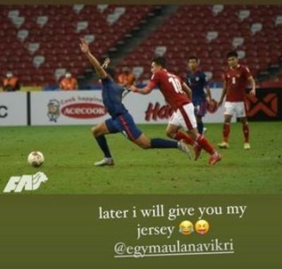 Ikhsan Fandi bercanda kepada Egy Ikhsan Fandi melontarakan candaan kepada Egy Maulana Vikri lewat insiden tarik jersey di laga Indonesia vs Singapura.