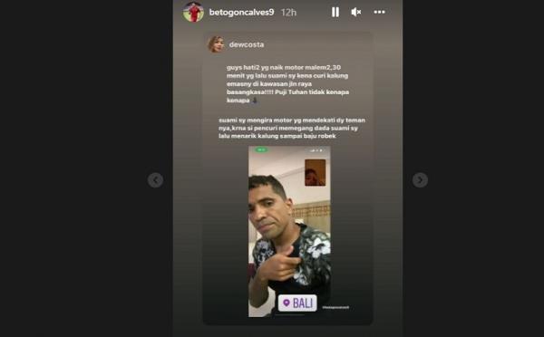 Striker naturalisasi asal Brasil Alberto Goncalves jadi korban jambret di Legian, Bali, Minggu (16/1/2022) malam. (Foto: Instagram).