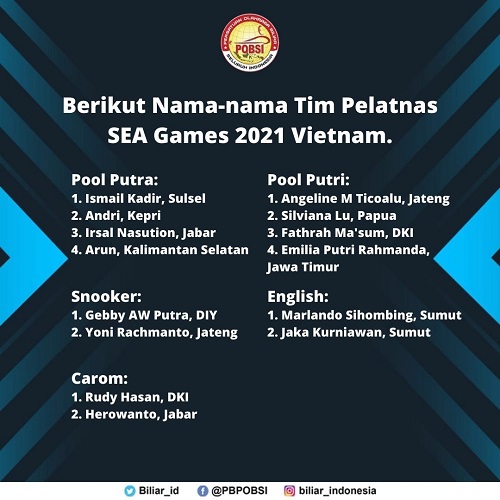 Atlet seleknas POBSI Atlet yang terpilih terbagi menjadi 5 kategori disiplin, yaitu 8 orang untuk pool putra dan putri, 2 orang snooker, 2 orang english biliar dan 2 orang carom. (foto: MNC Media).