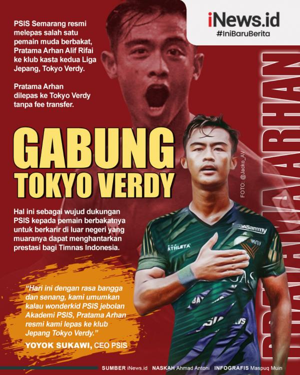 PSIS Semarang resmi melepas Pratama Arhan Alif Rifai ke klub kasta kedua Liga Jepang, Tokyo Verdy.