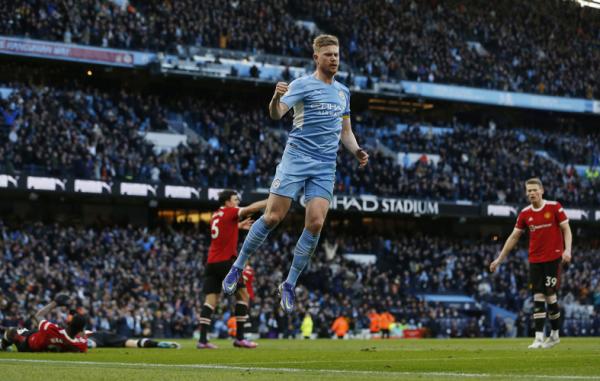 Gelandang Man City, Kevin De Bruyne Gelandang Man City, Kevin De Bruyne merayakan gol ke gawang Man United. (Foto: REUTERS)
