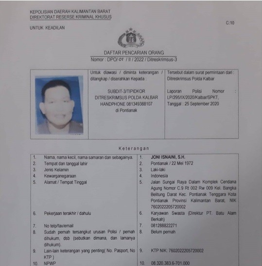 Polda Kalbar menerbitkan DPO atas nama Joni Isnaini. (Foto: Ist).