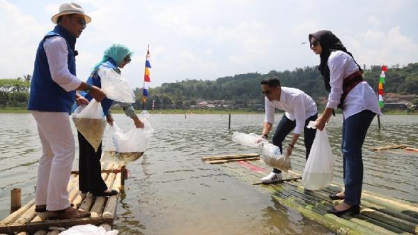 SITU CIBURUY DIRESMIKAN1 Gubernur Jabar Ridwan Kamil, Atalia Praratya, plt Bupati Bandung Barat Hengki Kurniawan, dan Sonya Fatmala, menebar benih ikan di Situ Ciburuy. (FOTO: ADI HARYANTO)