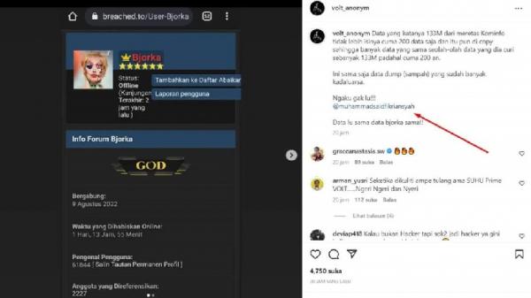 REMAJA CIREBON BJORKA Unggahan akun @volt_anonym di Instagram yang menuding M Said Fikriansyah sebagai hacker Bjorka. (Foto: MPI/Abdul Rohman)