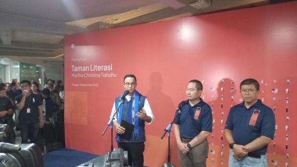 Anies Taman Literasi 1 Gubernur DKI Jakarta, Anies Baswedan, memberikan sambutan saat peresmian Taman Literasi Martha Christina Tiahahu di Jakarta Selatan, Minggu (18/9/2022). (Foto: MPI/M Refi Sandi)