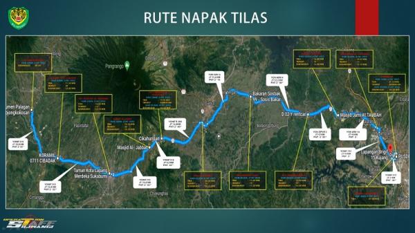 NAPAL TILAS BOJONG KOKOSAN Rute 11 etape Napak Tilas Palagan Bojong Kokosan yang akan digelar Kodam III Siliwangi mulai Senin 3 Oktober 2022 hingga Rabu 5 Oktober 2022 dari Sukabumi hingga Cimahi. (FOTO: Pendam Siliwangi)