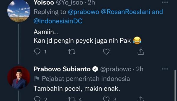 Prabowo membalas kicauan warganet (Twitter @prabowo)