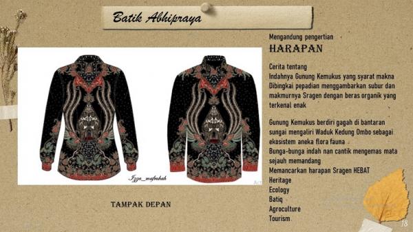 batik UNS 2 Motif batik karya Prof Izza Mafruhah dari UNS Solo yang mengangkat kekayaan alam Kabupaten Sragen. Foto: Ist.