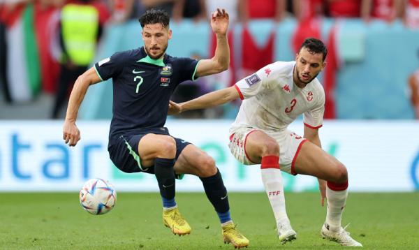 Tunisia Vs Australia Timnas Australia unggul 1-0 atas Tunisia psada babak pertama matchday kedua Grup D Piala Dunia 2022. (Foto: REUTERS/Carl Recine)