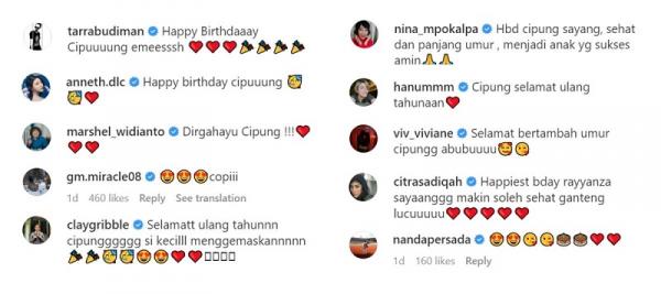 Tangkapan layar komentar para selebriti di akun Instagram @raffinagita1717