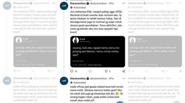 Unggahan Stanmenfess Tangkapan layar unggahan akun Twitter @Stanmenfess yang membahas tentang mahar pernikahan. (Foto: @pringadi_as/Twitter)