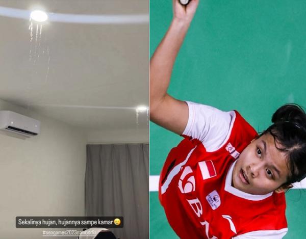 Kamar atlet bulu tangkis Komang Ayu Kamar atlet bulu tangkis Indonesia, Komang Ayu yang akan beraksi di SEA Games 2023 kebocoran gegara hujan lebat yang mengguyur Kota Phnom Penh, Senin (8/5/2023). (Foto: Instagram/@amalliacahaya; BWF)