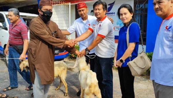 DPW Partai Perindo Babel membagikan tiga hewan kurban kambing. (Foto: Haryanto)