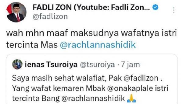fadli zon Fadli Zon keliru mengucapkan duka cita atas meninggalnya istri politisi Partai Demokrat Rachland Nashidik. (Foto akun Twitter Fadli Zon).