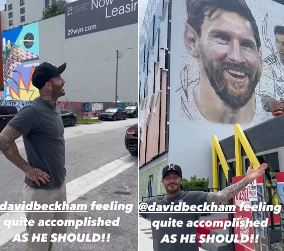 Pemilik Inter Miami, David Beckham tampak semringah melihat mural Lionel Messi. (Foto: Twitter/@fcbalbiceleste)