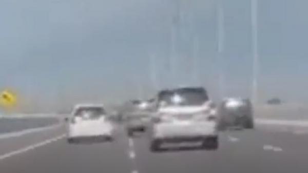 Mobil berwarna putih ugal-ugalan di Tol Surabaya-Gempol Km 760 arah Porong menuju Kejapanan, terekam kamera, Senin (10/7/2023). (Foto: Pramono).