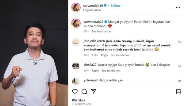 IG Sarwendah Shopee Dukungan Sarwendah untuk Ruben Onsu melalui unggahan di akun Instagram pribadinya. (Foto: dok Instagram @sarwendah29)