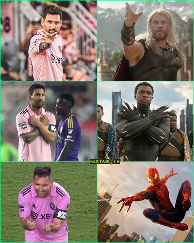 Lionel Messi melakukan selebrasi ala superhero Marvel saat merayakan gol berkostum Inter Miami. (Foto: Twitter @faktasepakbola)
