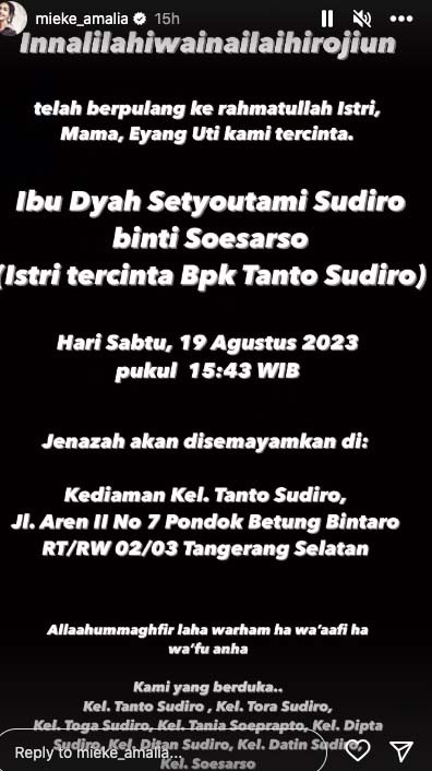 Kabar Duka Unggahan kabar duka ibunda Tora Sudiro meninggal. (Foto: Instagram)