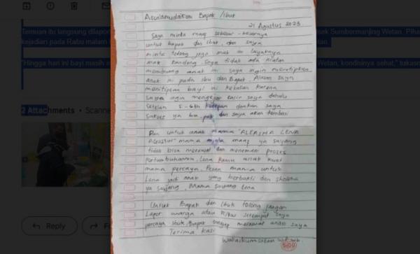 penemuan bayi malang Selembar surat yang ditemukan di samping bayi.