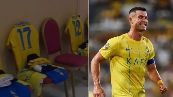 Viral kondisi ruang ganti markas Al Fateh saat menjamu Al Nassr di lanjutan Liga Arab Saudi 2023/2024. Netizen salah fokus ke kursi ruang ganti yang dipakai klub Cristiano Ronaldo. (foto: Sportbible)
