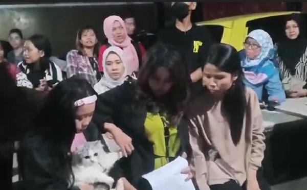 Kucing Dicekoki Miras Tiga mahasiswi yang mencekoki miras ke kucing diminta membuat surat pernyataan. (Foto: Budi Sunandar)