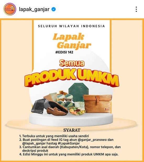 Lapak Ganjar Akun Instagram @lapak_ganjar mempromosikan produk UMKM di seluruh Indonesia. (Foto: Instagram @lapak_ganjar)