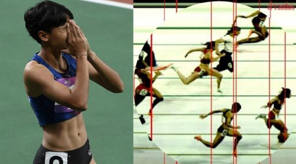 Analisis foto menunjukkan Supanich Poolkerd finis Analisis foto menunjukkan Supanich Poolkerd finis keempat pada Atletik 100m Asian Games 2022 di HOC Stadium, Hangzhou, Sabtu (30/9/2022). (Foto: Khaosod)