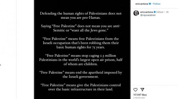 Eric Cantona menyampaikan pesan untuk kemerdekaan Palestina (Foto: IG)