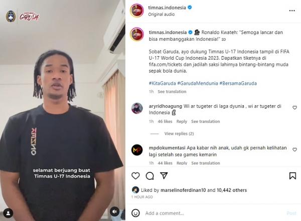 Ronaldo Kwateh Ronaldo Kwateh doakan Timnas Indonesia U-17 sukses di Piala Dunia U-17 2023. (Foto: Instagram @timnas.indonesia)